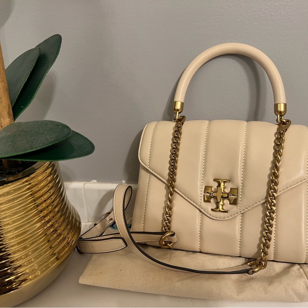 Tory Burch Cream Quilted Top Handle Satchel with Gold Chain